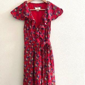 Maeve Anthropologie Rosalia Size 10 Floral Print Faux Wrap Ruffle Midi Dress